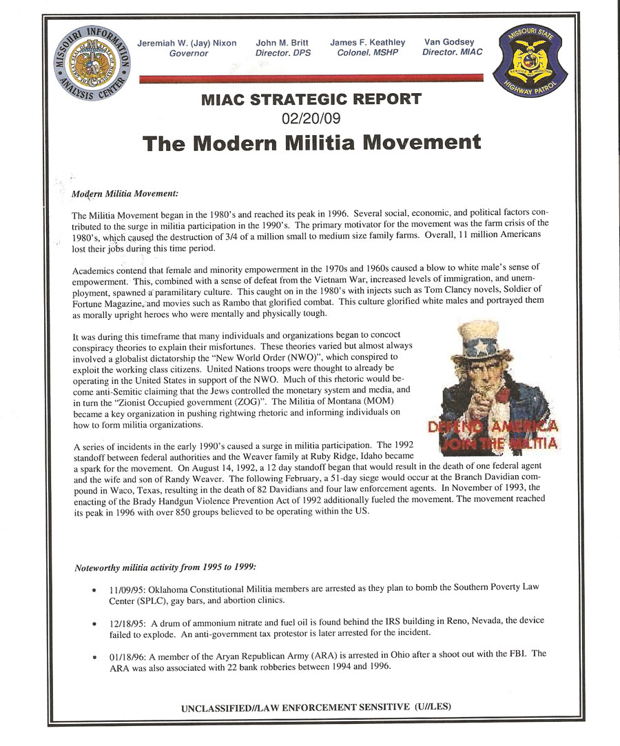 Missouri Information Analysis Center (MIAC) Report on the Modern Militia Movement (page 1)