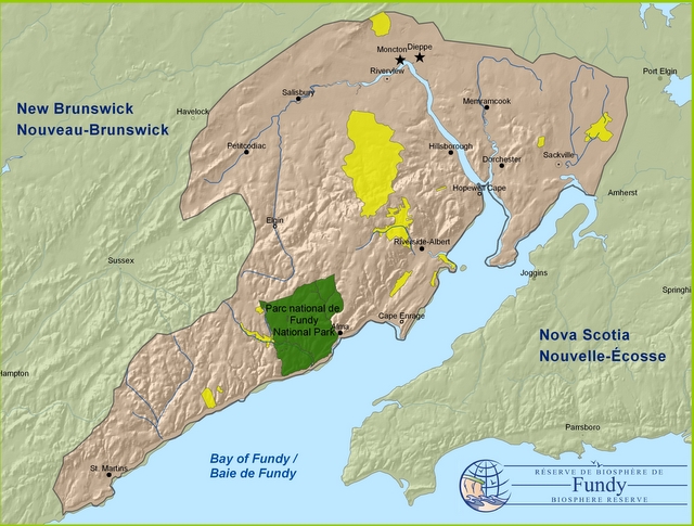 Map of the UNESCO Fundy Biosphere Reserve, colored in beige. Fundy-Biosphere-Map